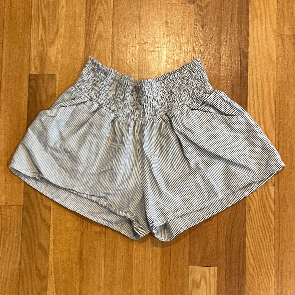 Lovestitch Grey/Blue and White Stripe Elastic Waist Lightweight Shorts